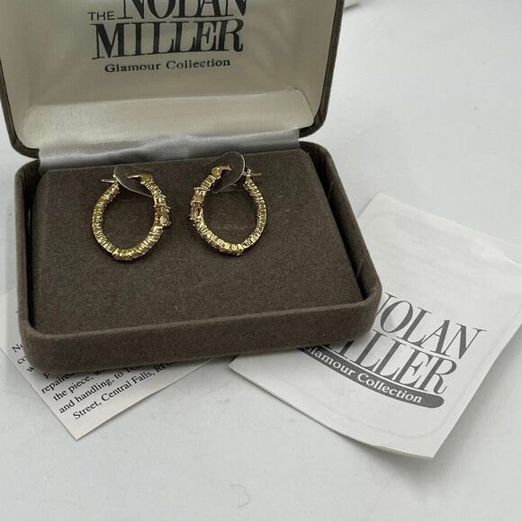 NOLAN MILLER Signed Flower Crystal Clear Bling CZ Gold tone Hoop Earrings New - Picture 3 of 12